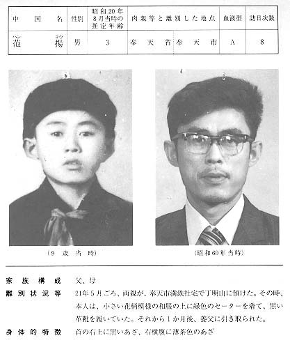 中国残留日本人孤児公開名簿 8 范 揚 中国残留日本人孤児公開名簿 8 范 揚