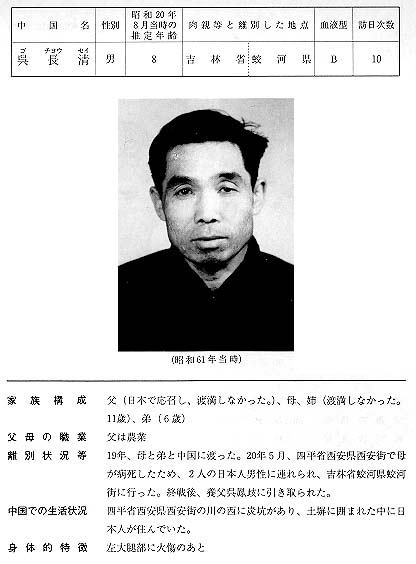 中国残留日本人孤児公開名簿 10 呉 長清 中国残留日本人孤児公開名簿 10 呉 長清